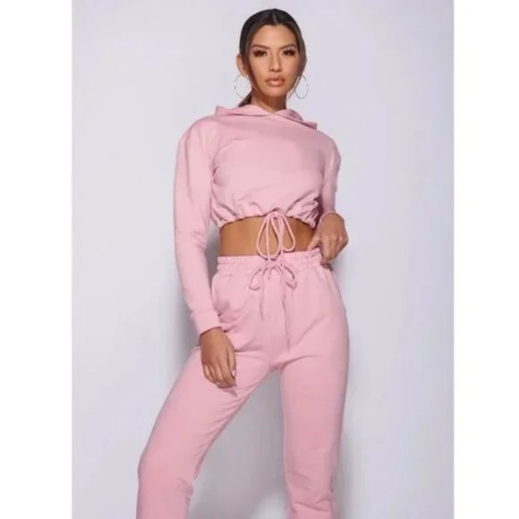 Pink Long Sleeve Hooded Crop Top and High Waist Joggers Pants Two Piece Set - Picture 5 of 17